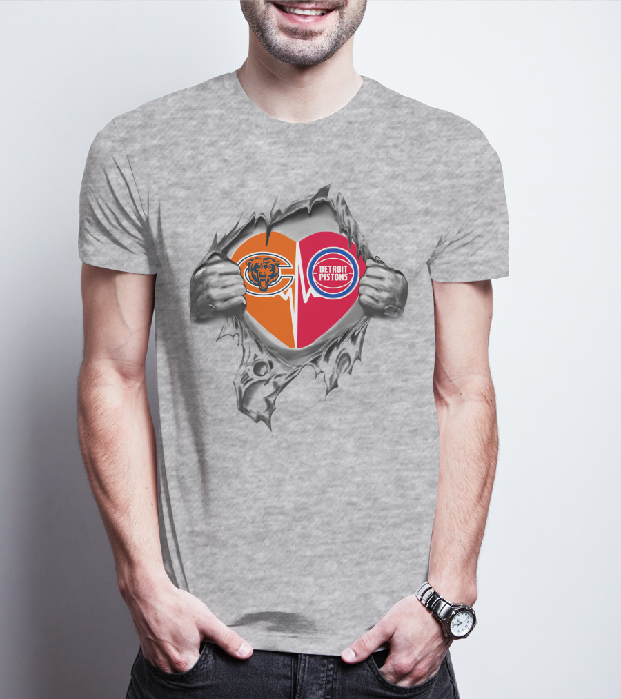 Chicago Bears Detroit Pistons Heart Torn Steel T-Shirt