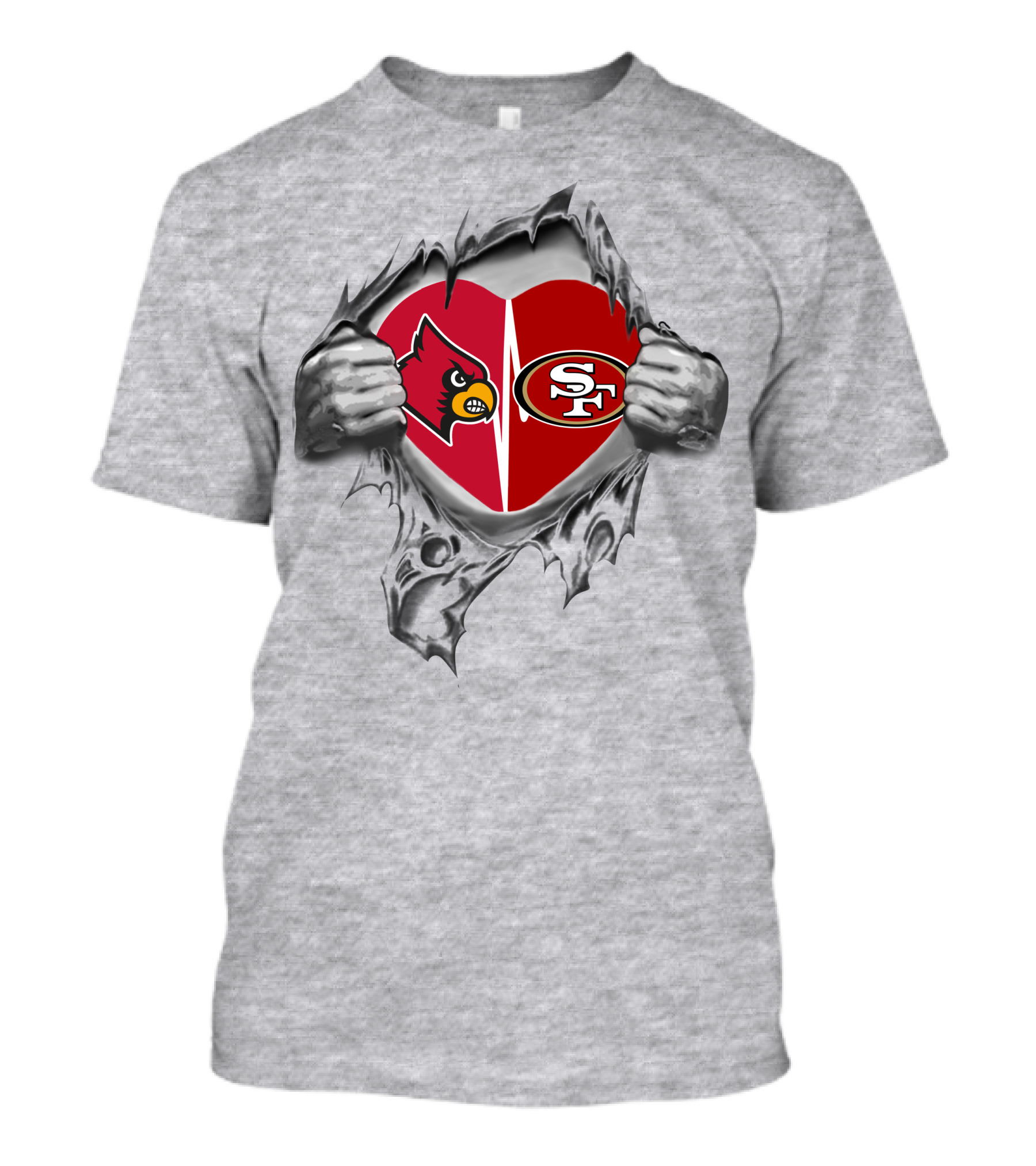 49ers Cardinals Heart With Logos And Tearing Hands T-Shirt