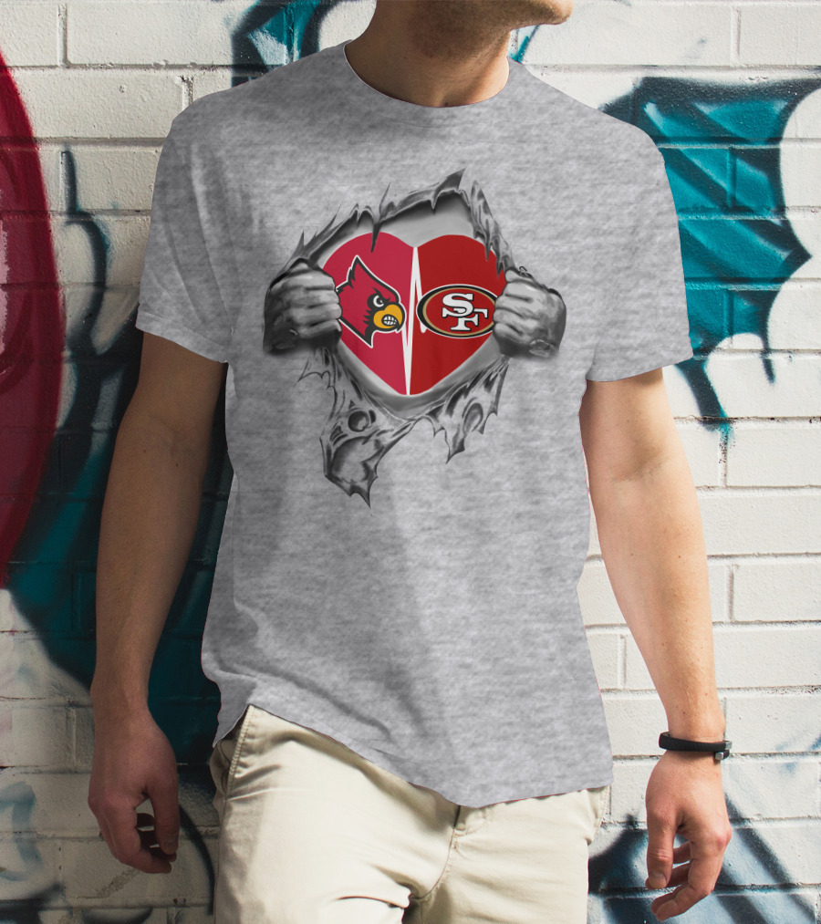 49ers Cardinals Heart With Logos And Tearing Hands T-Shirt