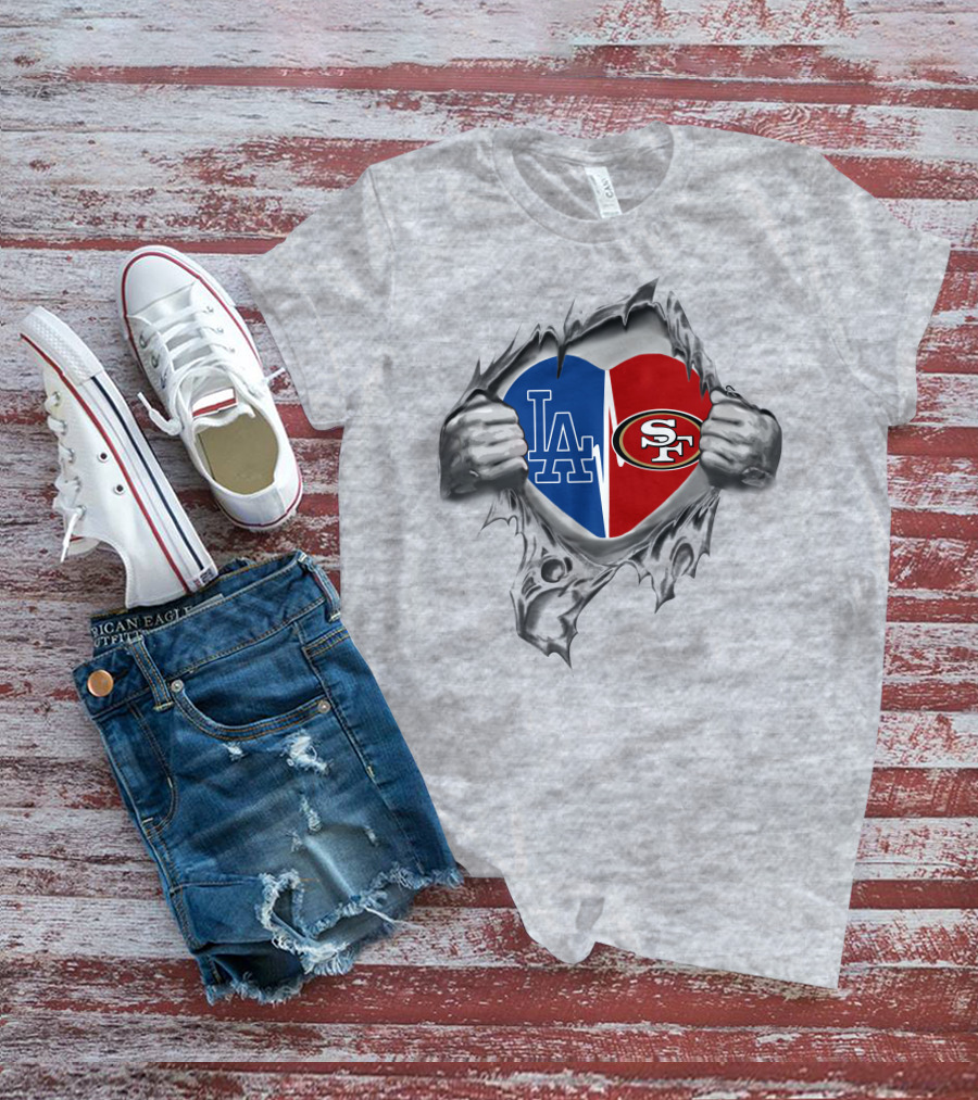 49ers Dodgers Heart Split La Sf Sports Logo Fusion T-Shirt