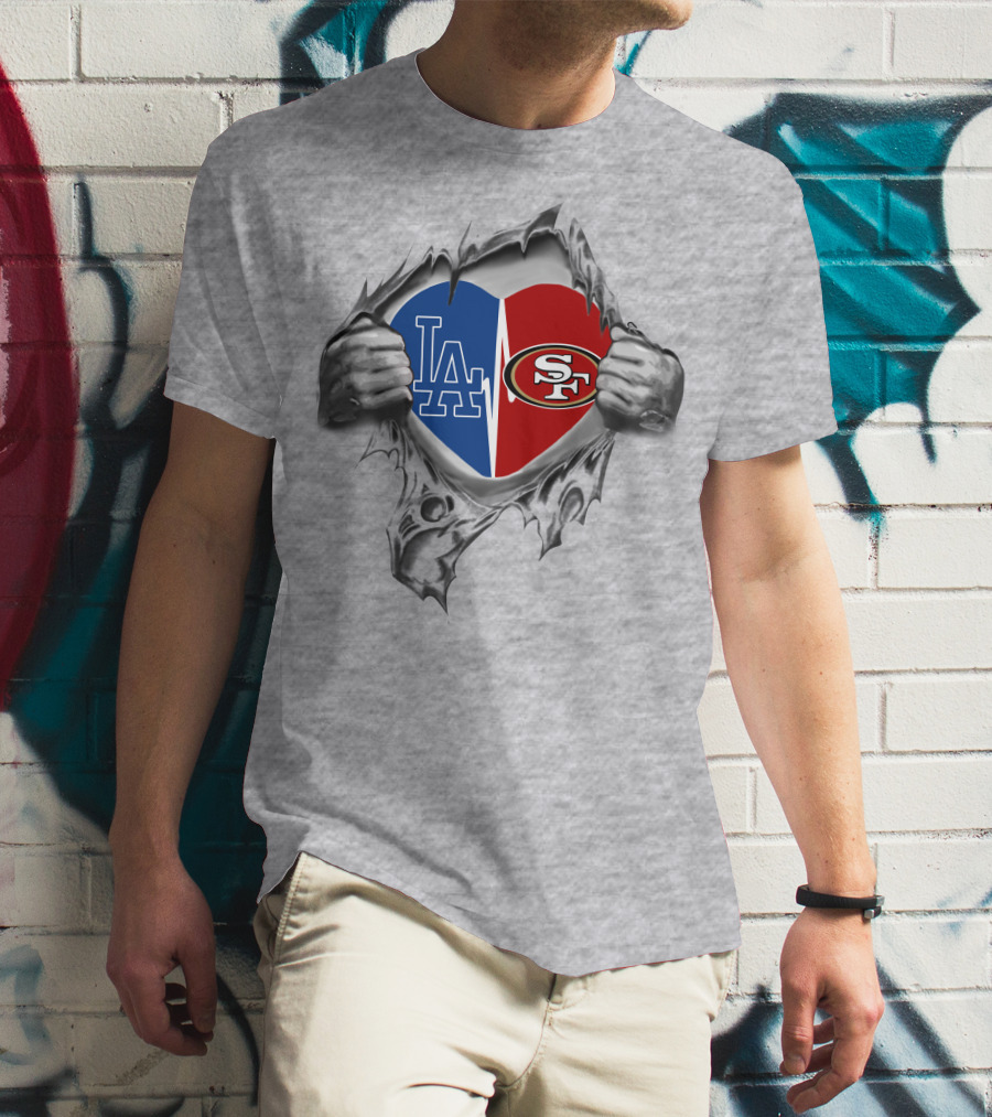 49ers Dodgers Heart Split La Sf Sports Logo Fusion T-Shirt