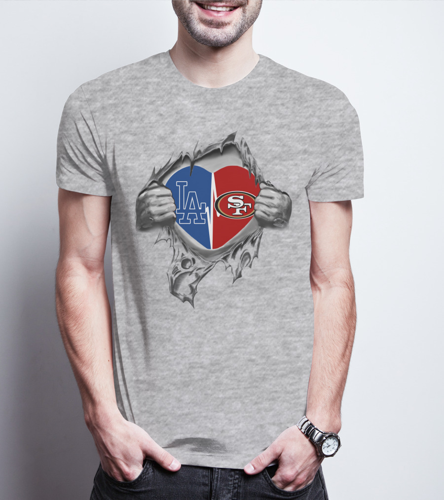 49ers Dodgers Heart Split La Sf Sports Logo Fusion T-Shirt