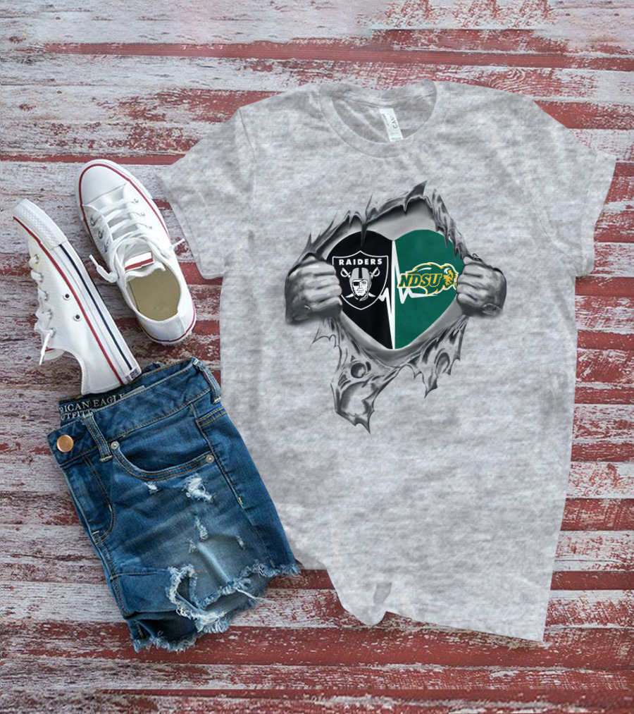 Raiders Ndsu Heartbeat Silver Torn Fabric T-Shirt
