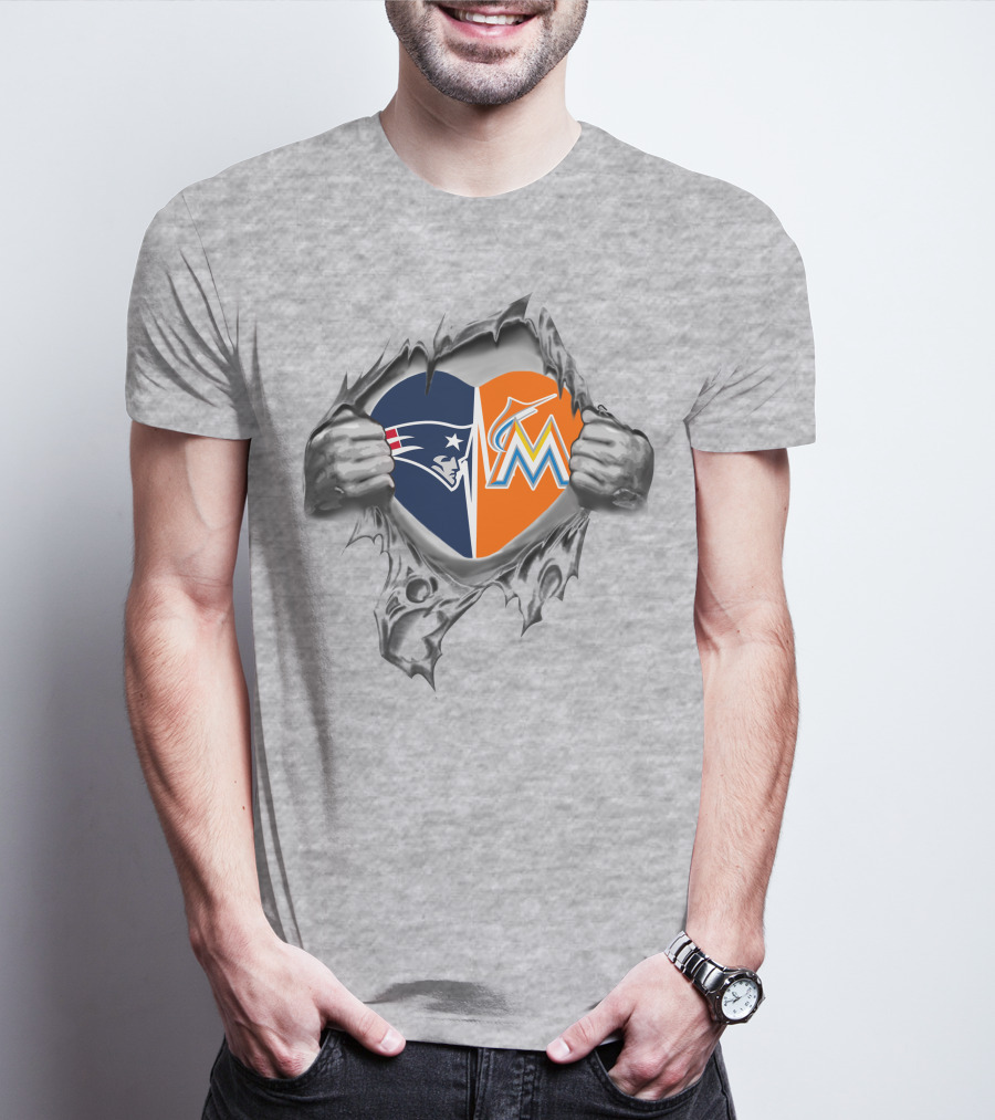 Patriots Marlins Heart Split With NFL And MLB T-Shirt