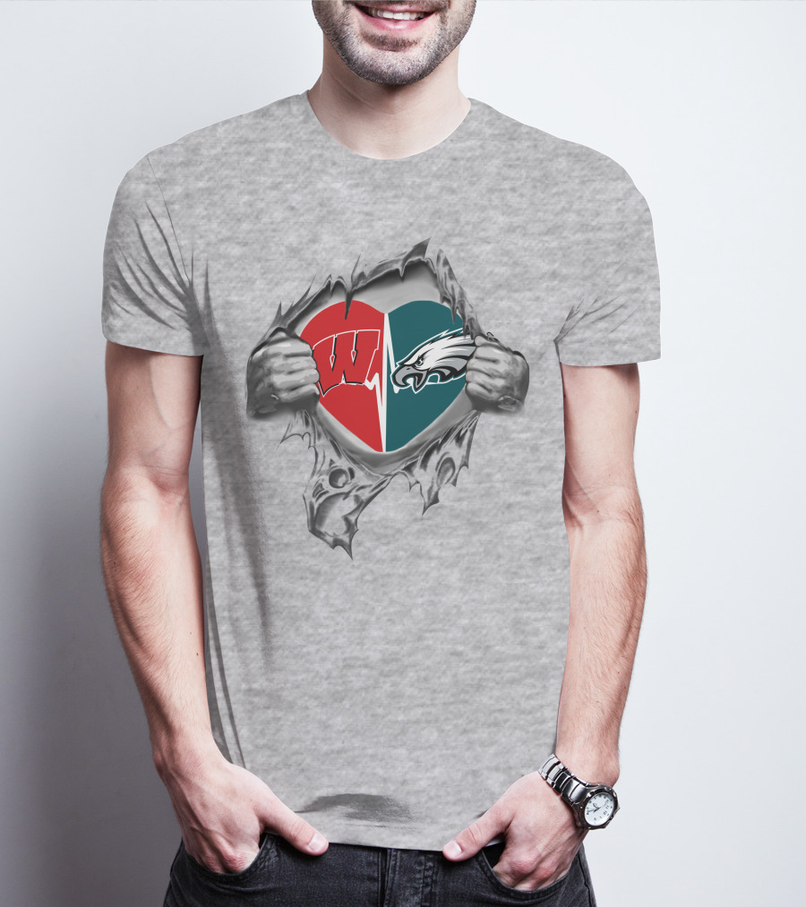 Eagles Badgers Heart Design Featuring Wisconsin And Philadelphia T-Shirt