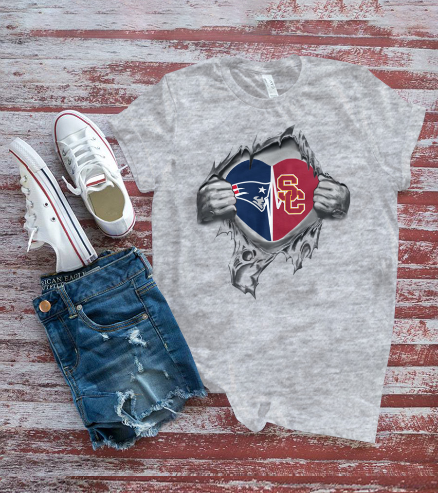 Patriots USC Trojans Heart Logo Combination T-Shirt