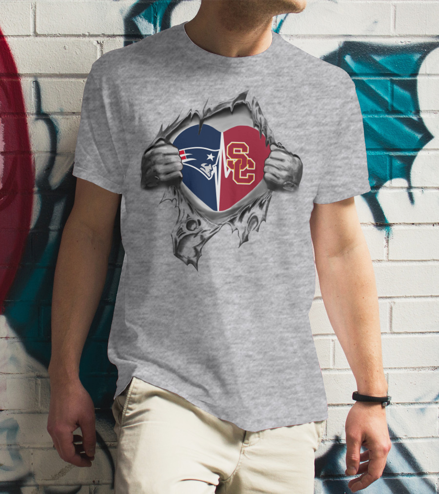 Patriots USC Trojans Heart Logo Combination T-Shirt
