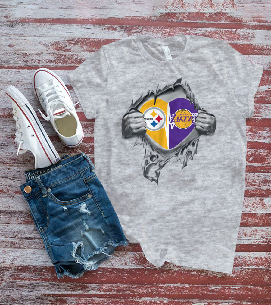 Pittsburgh Steelers Los Angeles Lakers Heart Logo Fusion T-Shirt