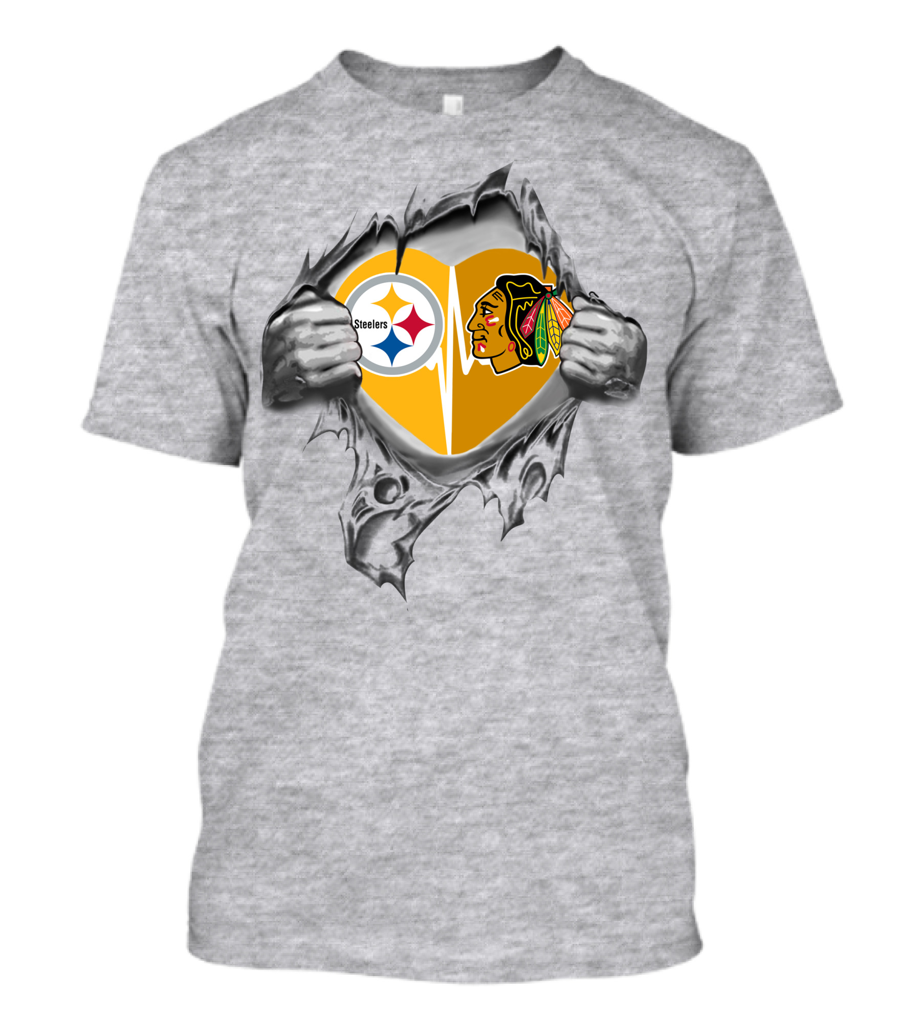 Steelers Blackhawks Heart Exposed Through Torn Surface Hands T-Shirt