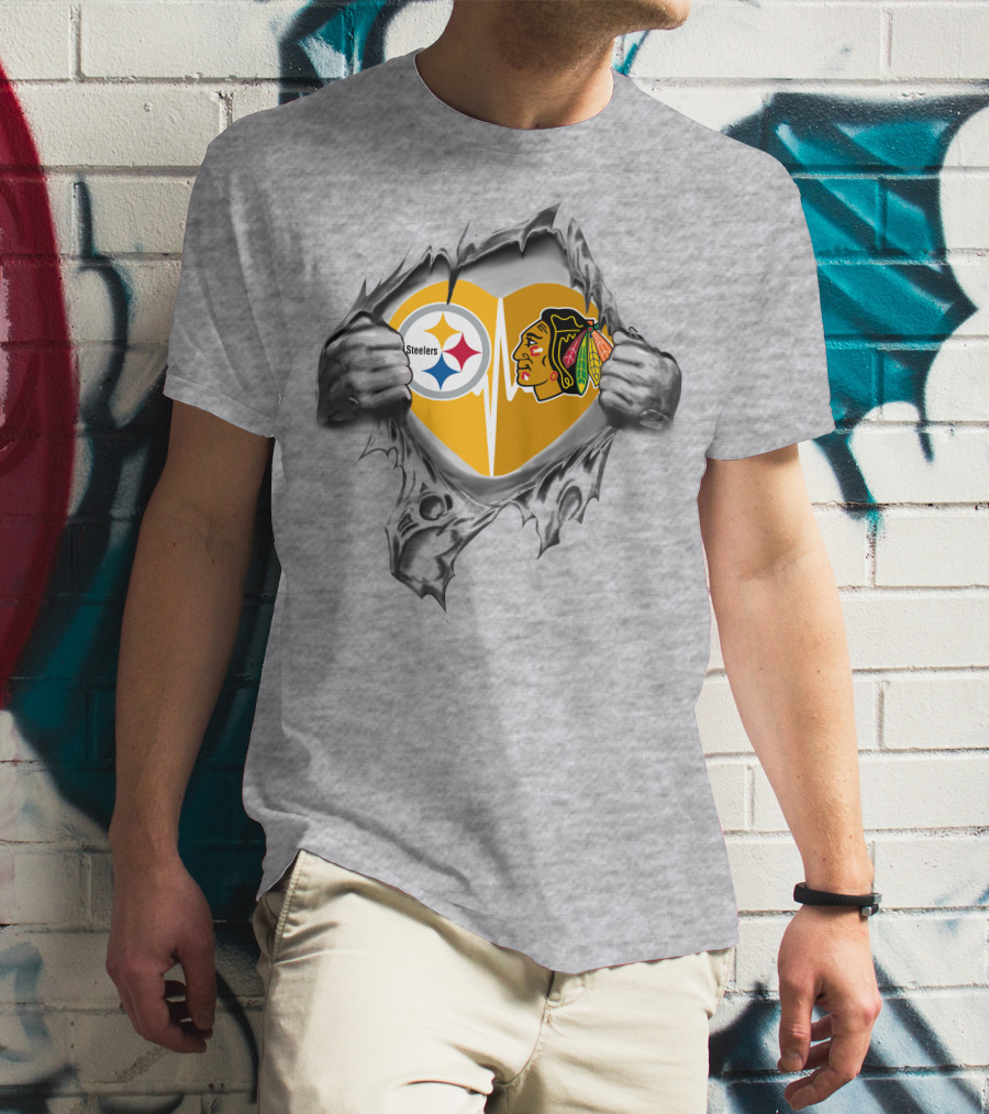 Steelers Blackhawks Heart Exposed Through Torn Surface Hands T-Shirt