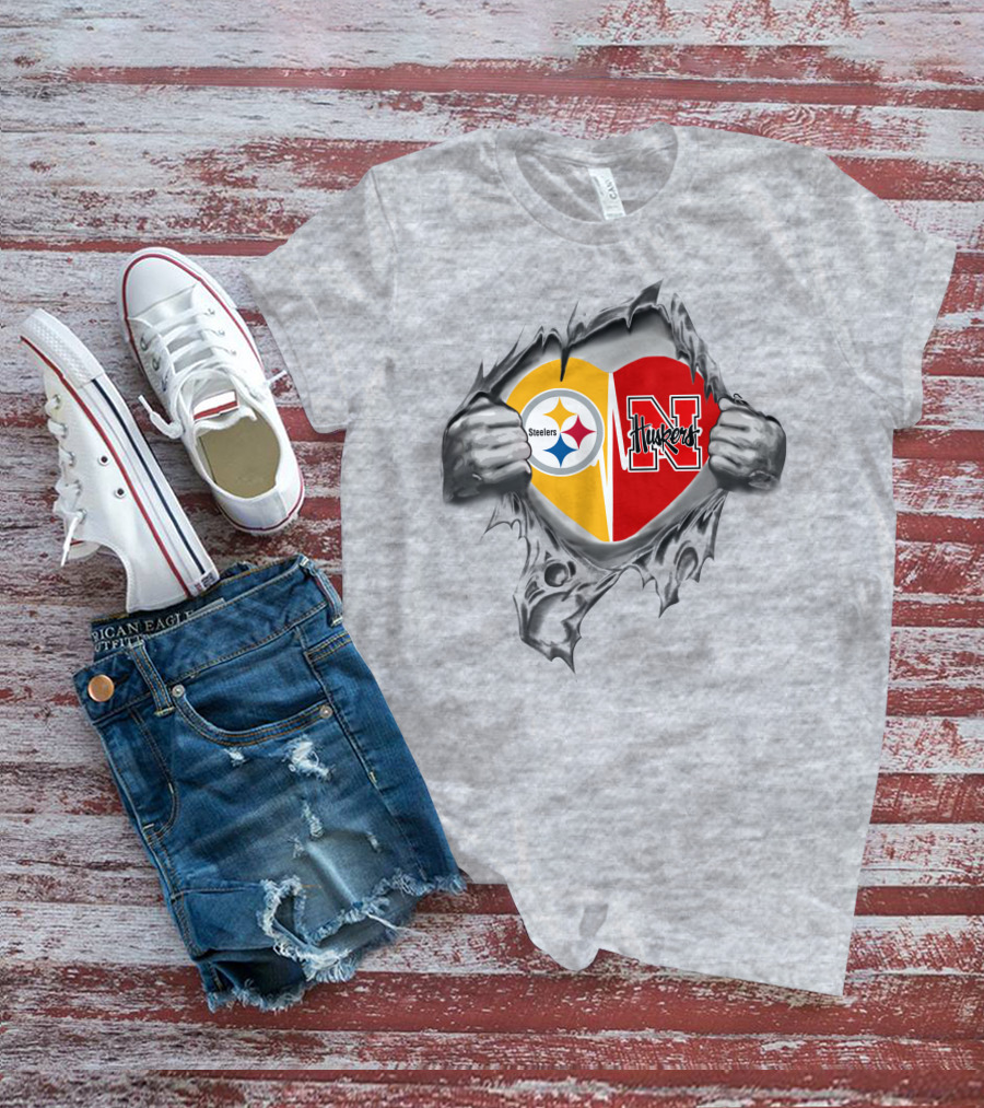 Steelers Huskers Heart Logo Torn Shirt Scene T-Shirt