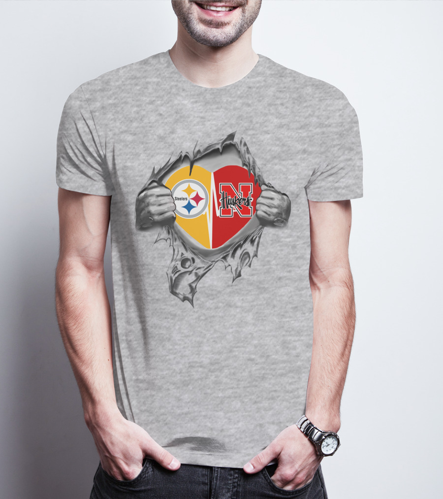 Steelers Huskers Heart Logo Torn Shirt Scene T-Shirt