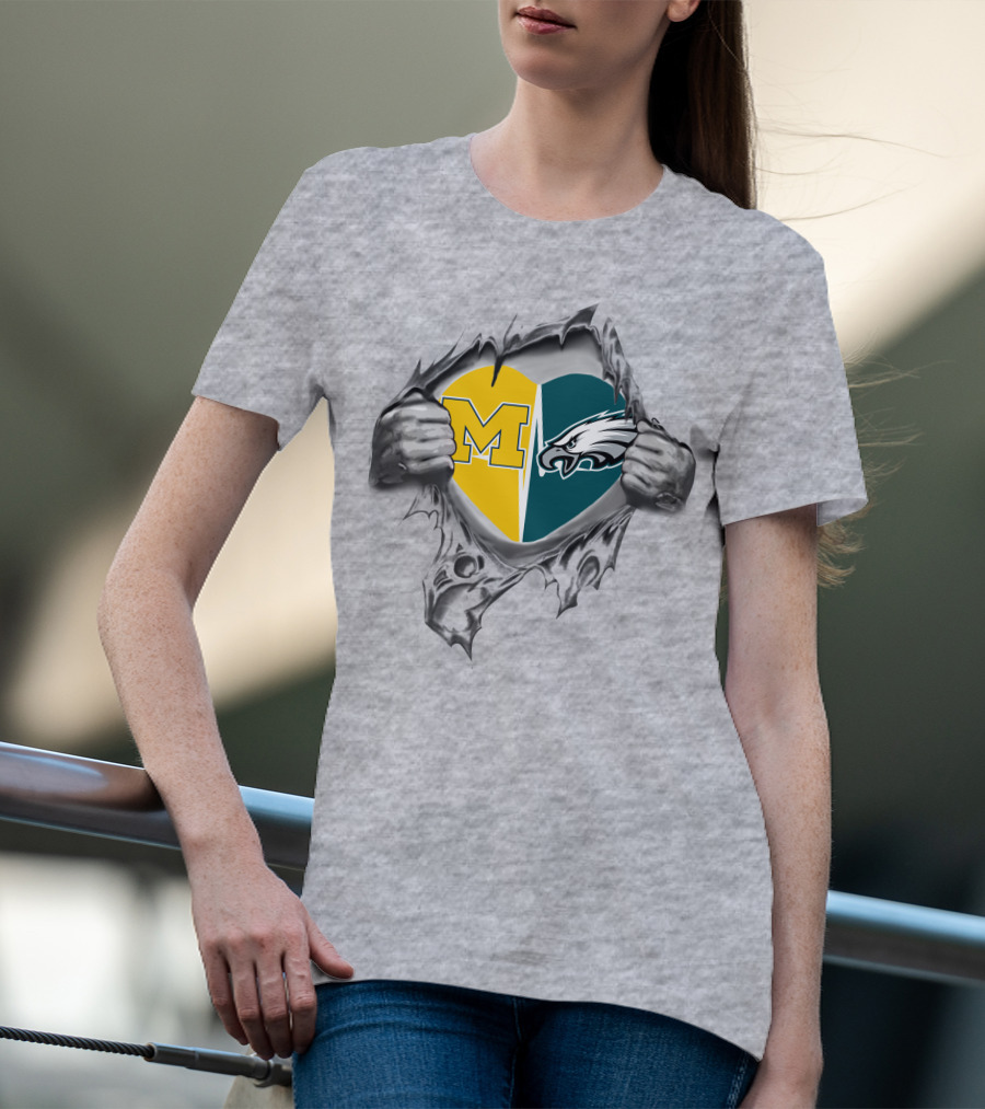 Michigan And Philadelphia Eagles Heart Unity T-Shirt