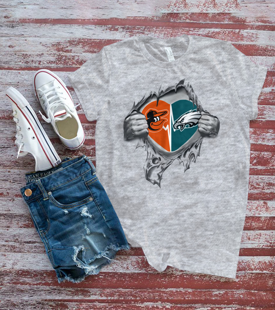 Eagles Orioles Heart Logos Torn Reveal T-Shirt