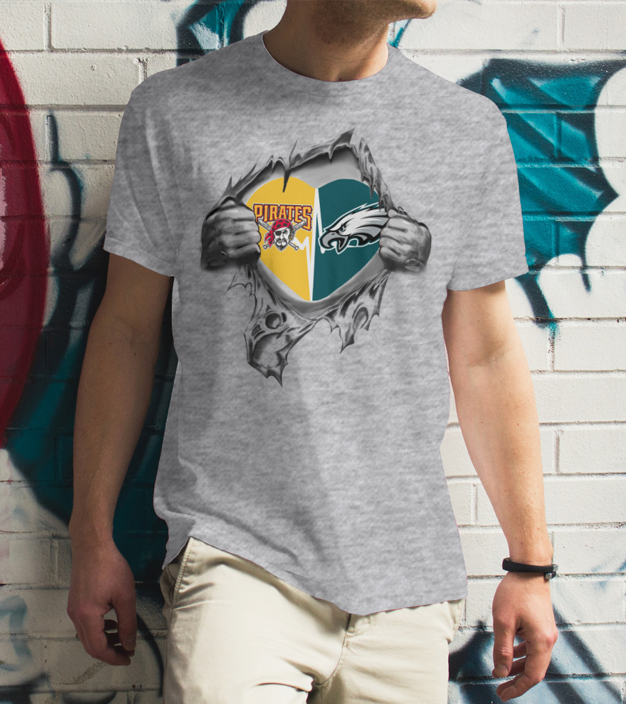 Pirates Eagles Heart Torn Grey T-Shirt