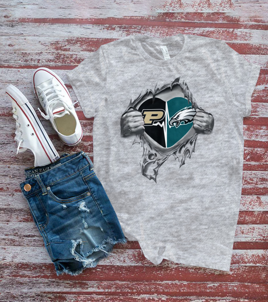 Purdue Eagles Heartbeat Peeking Through Silver Hands T-Shirt