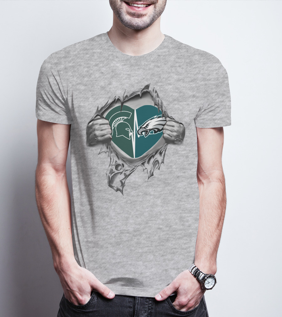 Eagles Spartans Heart Split With Hands Ripping T-Shirt