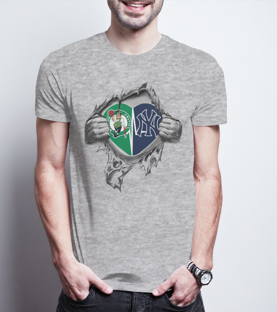 Celtics Yankees Heart Celtics Logo Yankees Emblem T-Shirt