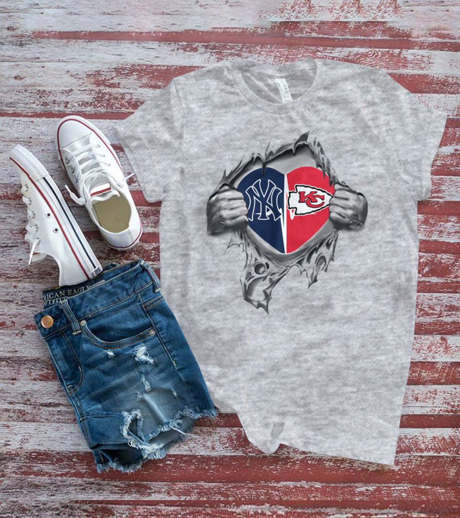 Chiefs Yankees Heart Logo Split With Hands Ripping Wall T-Shirt