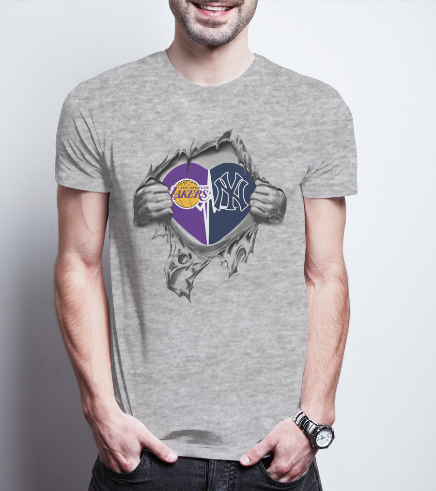 Lakers Yankees Heart With Torn Hands Displaying Team T-Shirt