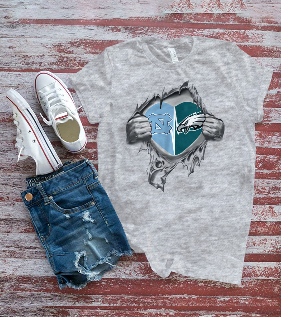 Eagles Tar Heels Heart Design With Hands Tearing Background T-Shirt