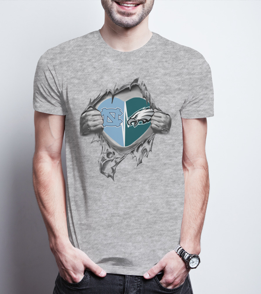 Eagles Tar Heels Heart Design With Hands Tearing Background T-Shirt