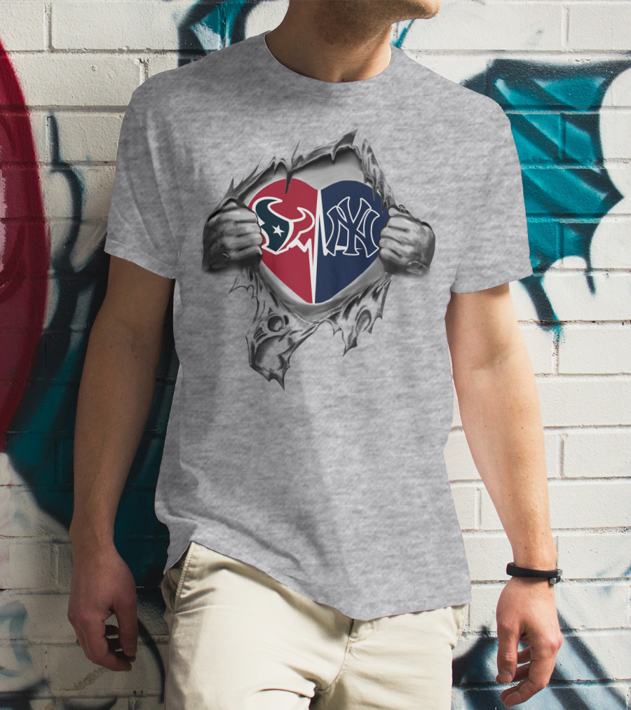 Texans Yankees Heart Symbol With Logos Ripping Through T-Shirt