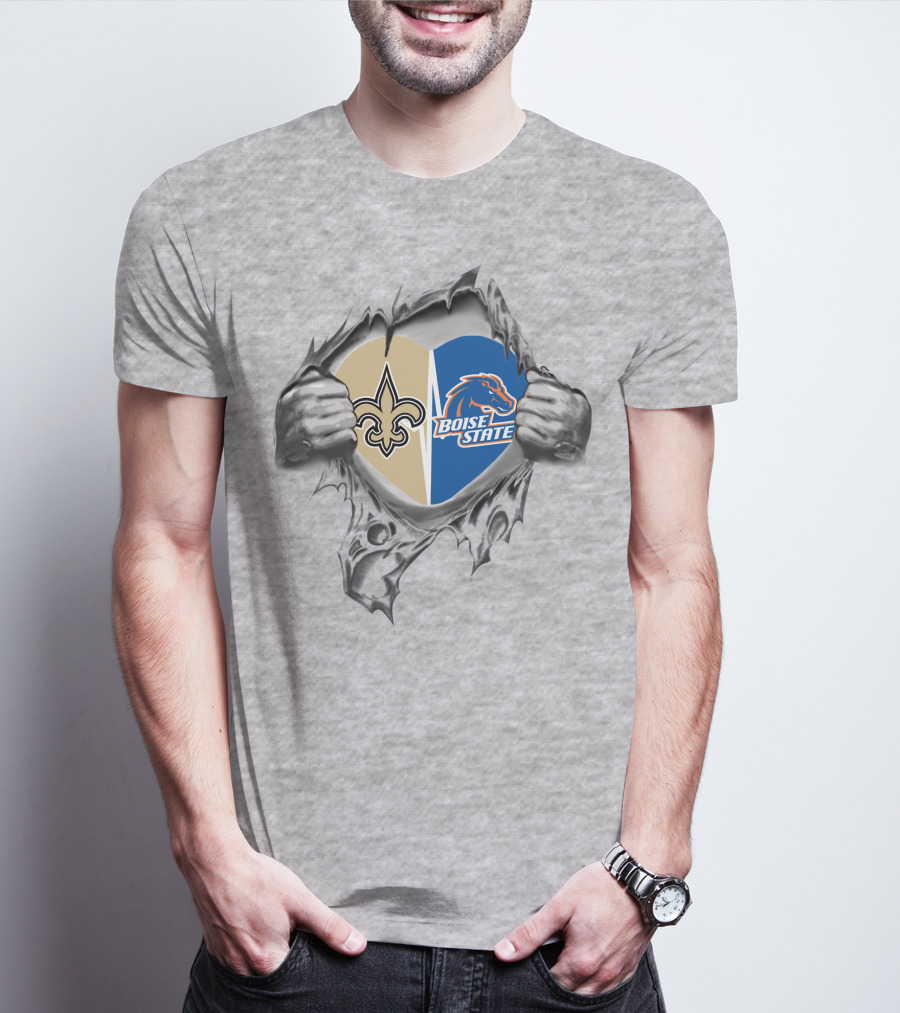 Boise State Broncos And Saints Heart Emblem Burst T-Shirt