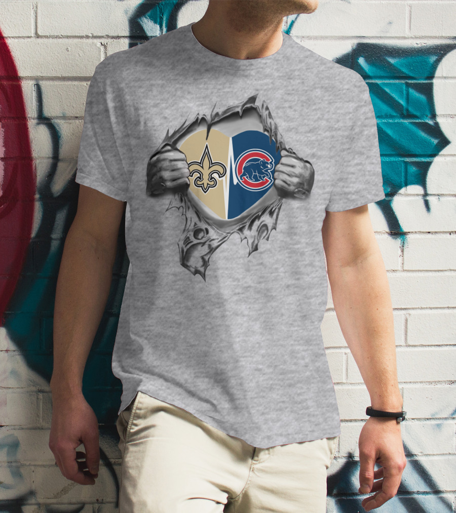 Saints Cubs Heart Split With Fleur-de-Lis And Bear T-Shirt