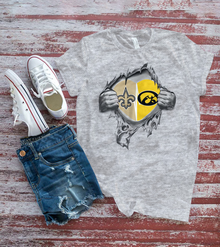 Saints Iowa Heart Split Fleur-de-Lis And Hawkeye T-Shirt