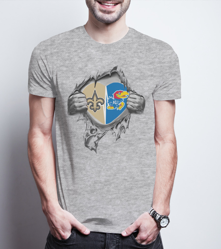 Saints Kansas Jayhawks Heart Together Inside Ripped T-Shirt