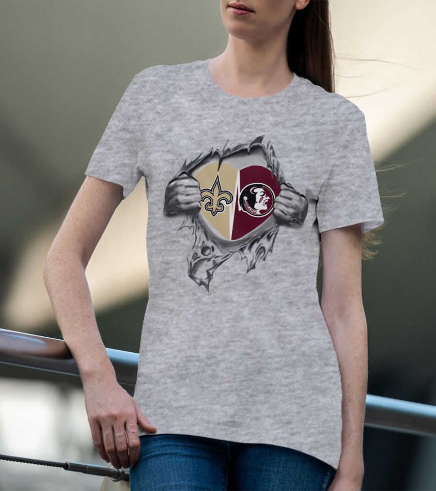 Saints Seminoles Heart Design With New Orleans And Florida State T-Shirt