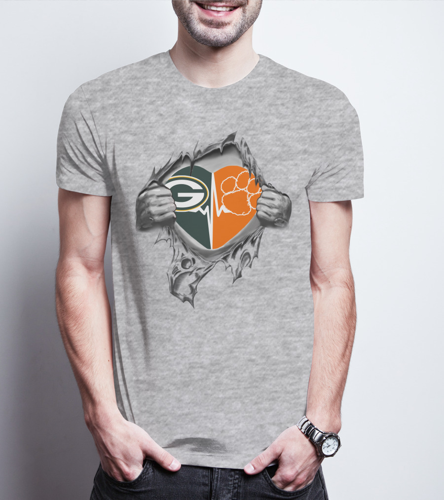 Green Bay Packers Clemson Tigers Heartbeat Logo Combination T-Shirt