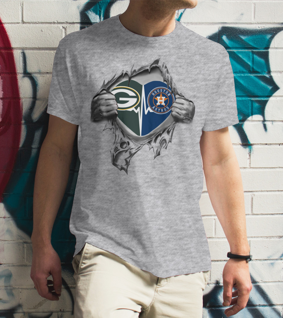 Green Bay Packers Houston Astros Heart Logos Peeking Through Ripped Chest T-Shirt