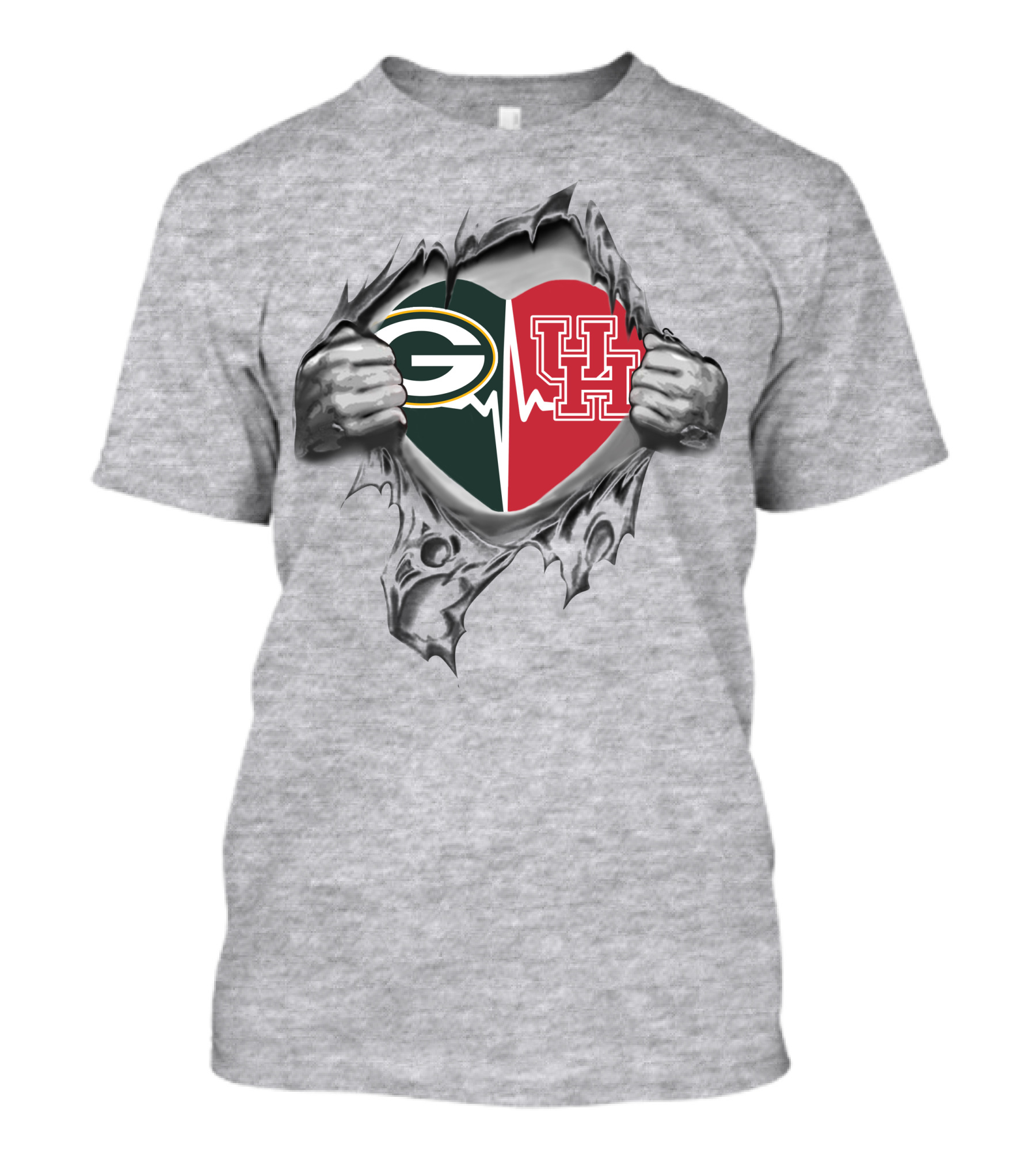 Green Bay Packers Houston Cougars Heartbeat Ripped T-Shirt