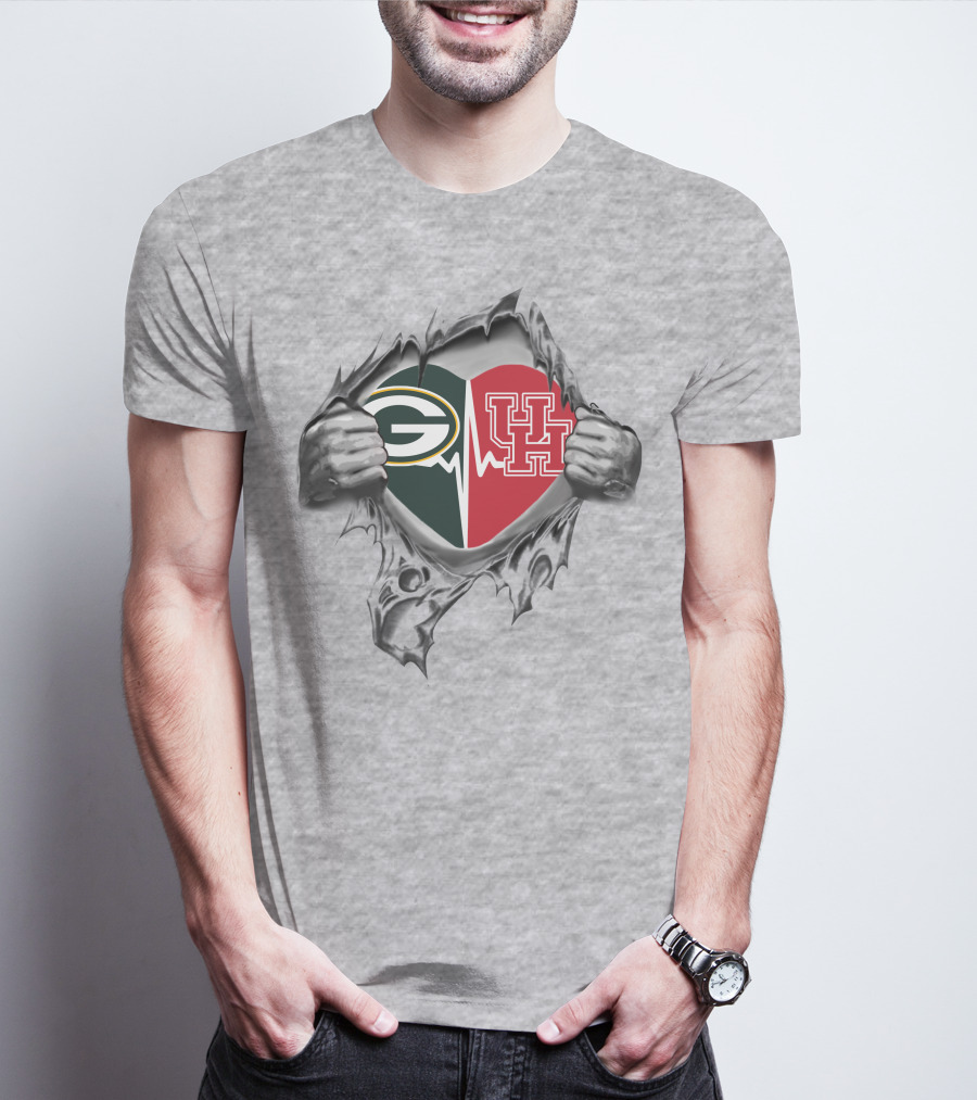 Green Bay Packers Houston Cougars Heartbeat Ripped T-Shirt