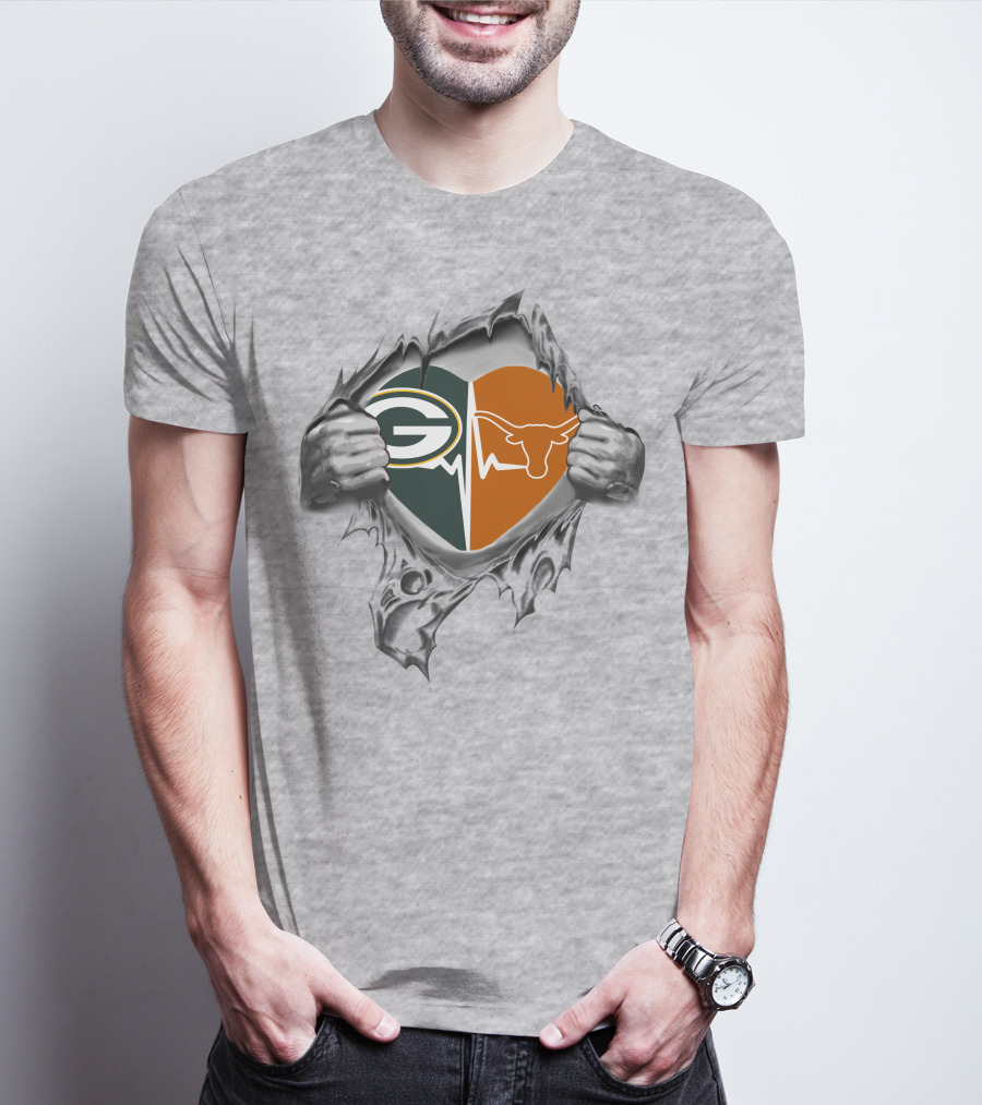 Green Bay Packers Heartbeat Texas Longhorns Logo Fusion T-Shirt