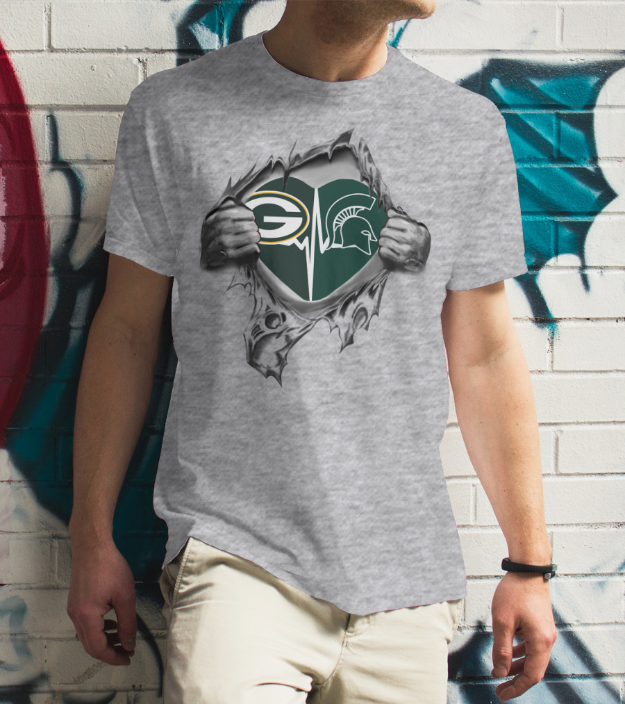 Green Bay Packers Michigan State Spartans Heart Logo Rip T-Shirt