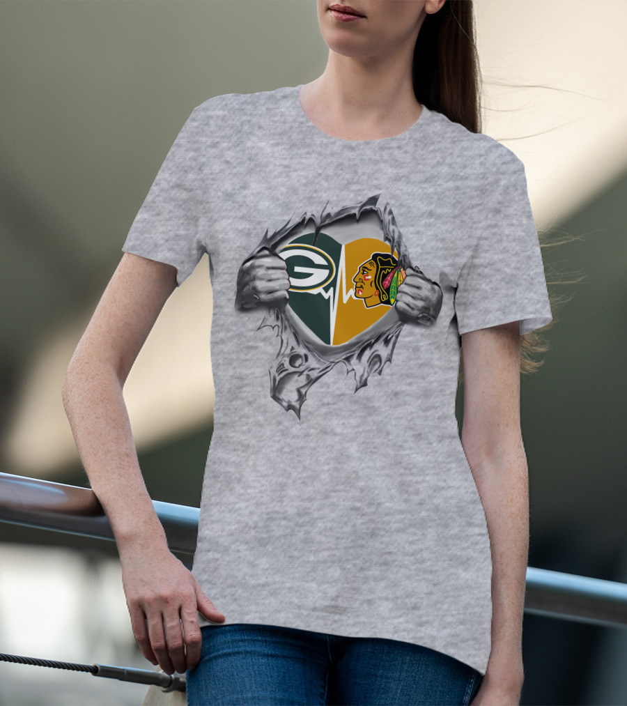 Green Bay Packers Chicago Blackhawks Heartbeat Rip T-Shirt