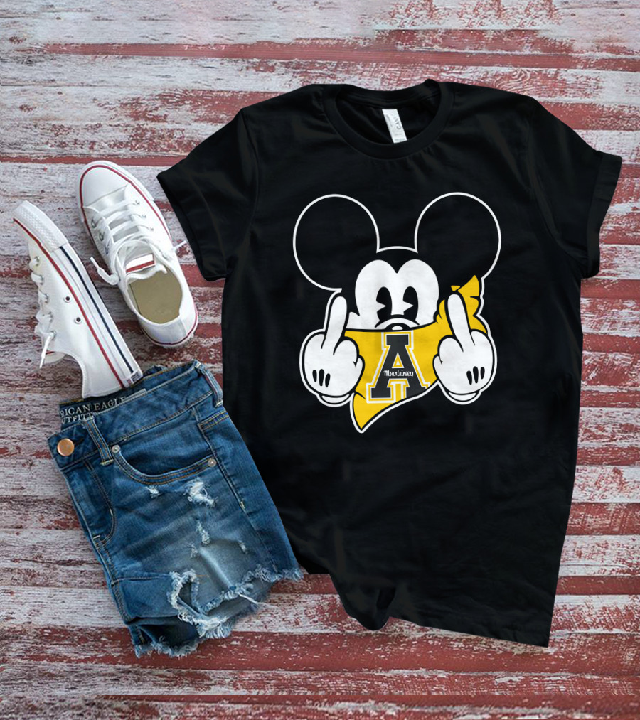 Appalachian State Mountaineers Mickey Iconic Gesture Black And Yellow Graphics T-Shirt