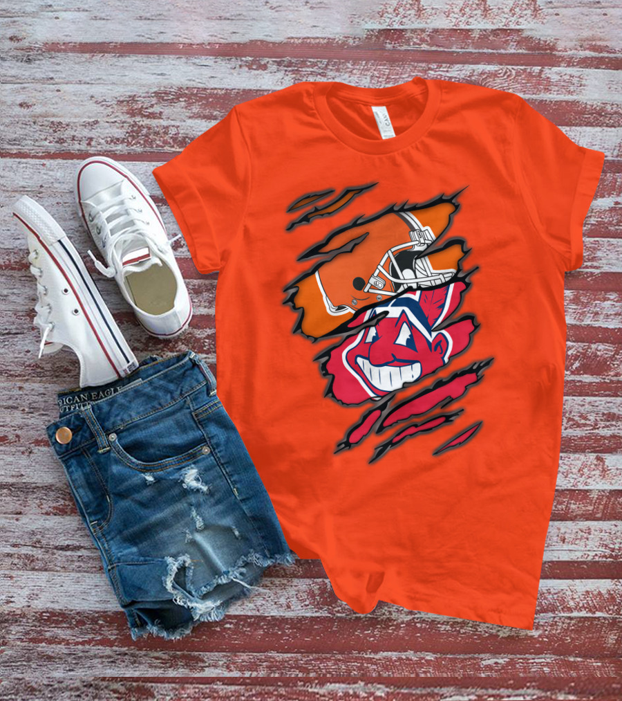 Cleveland Browns Helmet Retro Indians Chief Wahoo Claw Marks Logo Combination T-Shirt