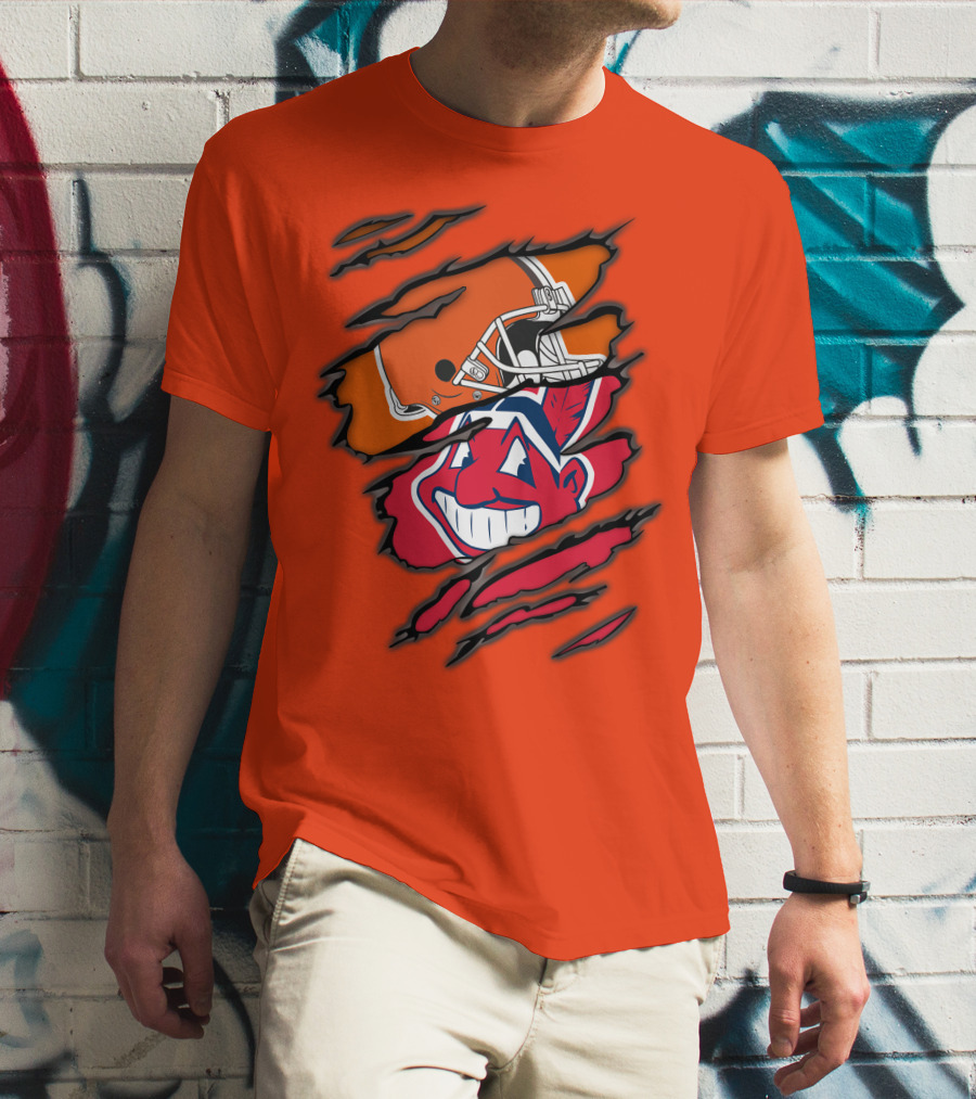 Cleveland Browns Helmet Retro Indians Chief Wahoo Claw Marks Logo Combination T-Shirt