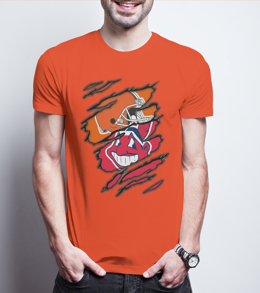 Cleveland Browns Helmet Retro Indians Chief Wahoo Claw Marks Logo Combination T-Shirt