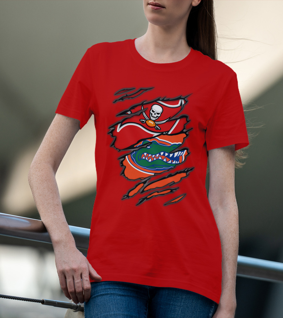 Buccaneers Gators Skull Football And Alligator Dual Logo Burst T-Shirt