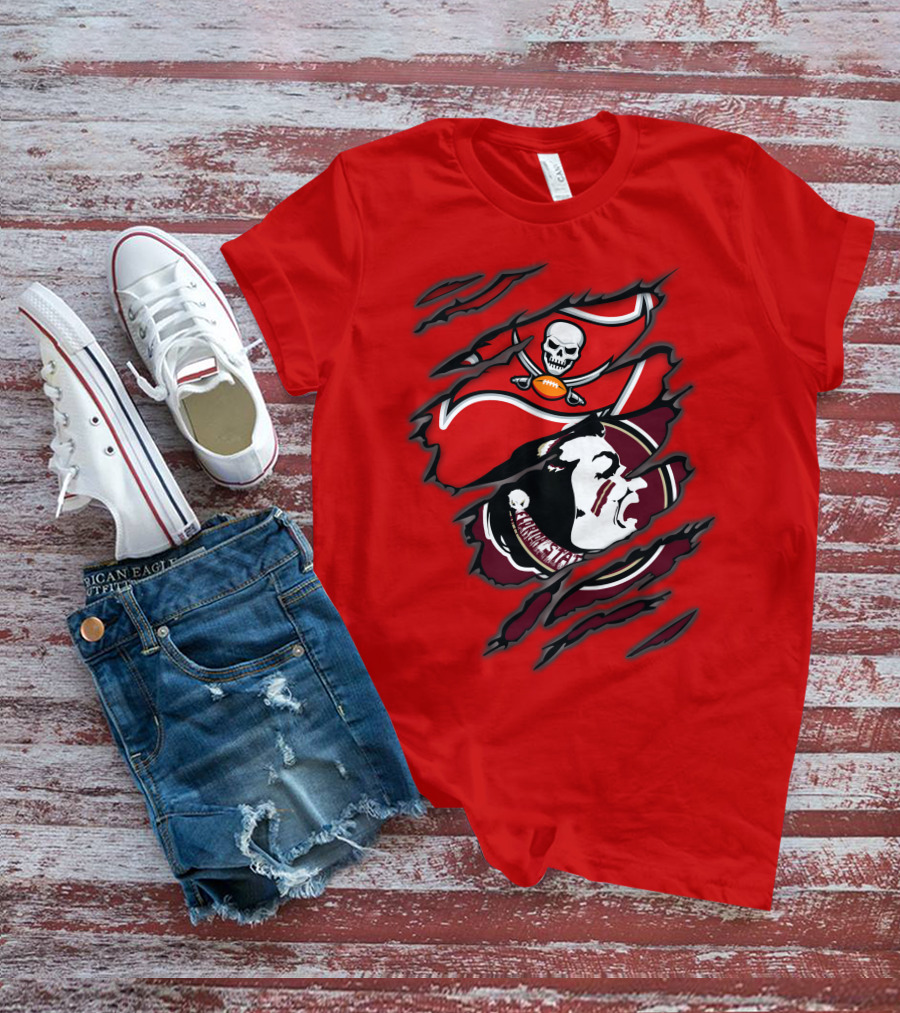 Buccaneers Seminoles Skull And Tomahawk Football Fusion T-Shirt