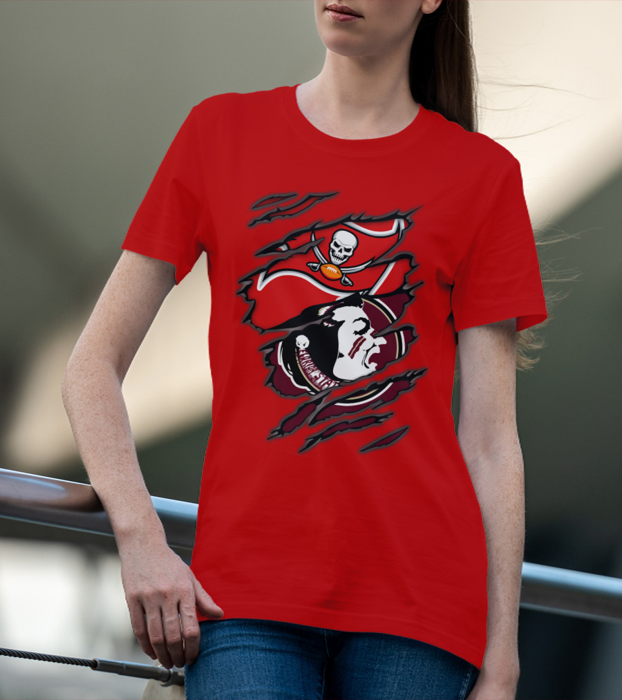 Buccaneers Seminoles Skull And Tomahawk Football Fusion T-Shirt