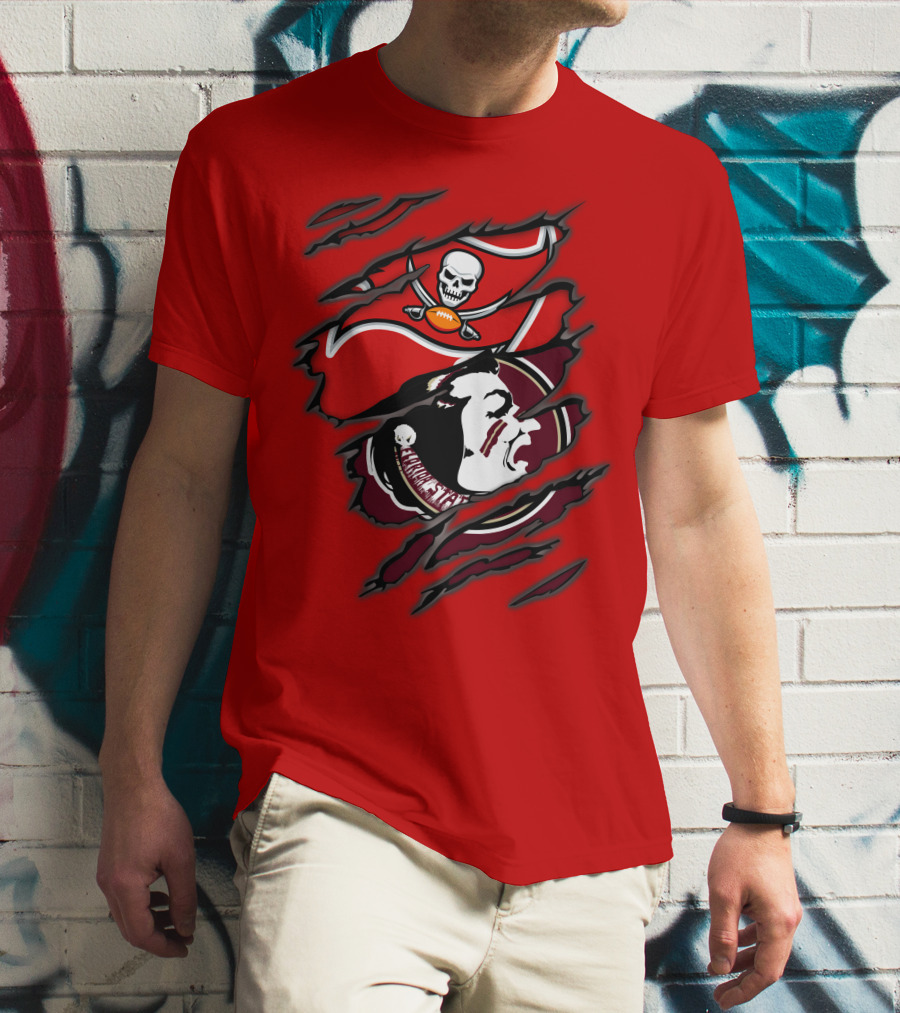 Buccaneers Seminoles Skull And Tomahawk Football Fusion T-Shirt