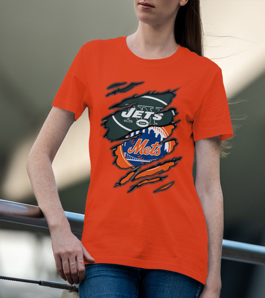 Jets Mets Nfl Mlb Ripped Logo Fusion T-Shirt