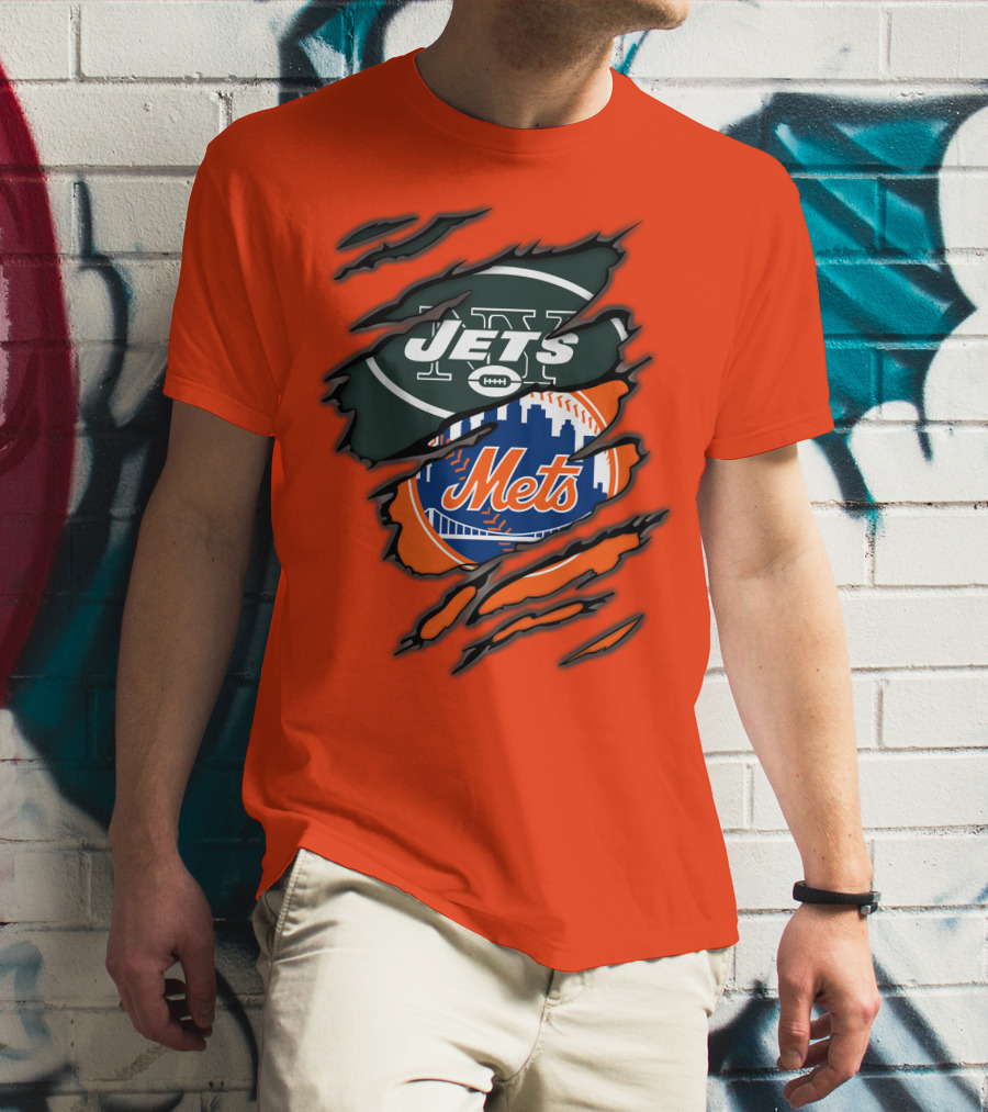 Jets Mets Nfl Mlb Ripped Logo Fusion T-Shirt