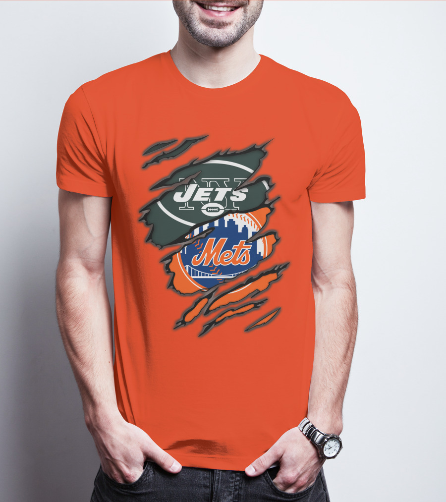 Jets Mets Nfl Mlb Ripped Logo Fusion T-Shirt